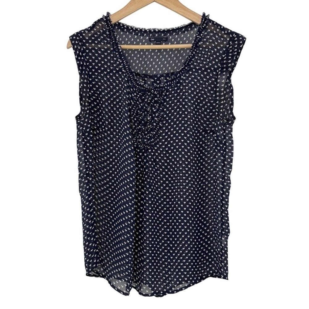 Gap Womens Sleeveless Ruffle Heart Print Blouse‎ Size M Navy Blue Office